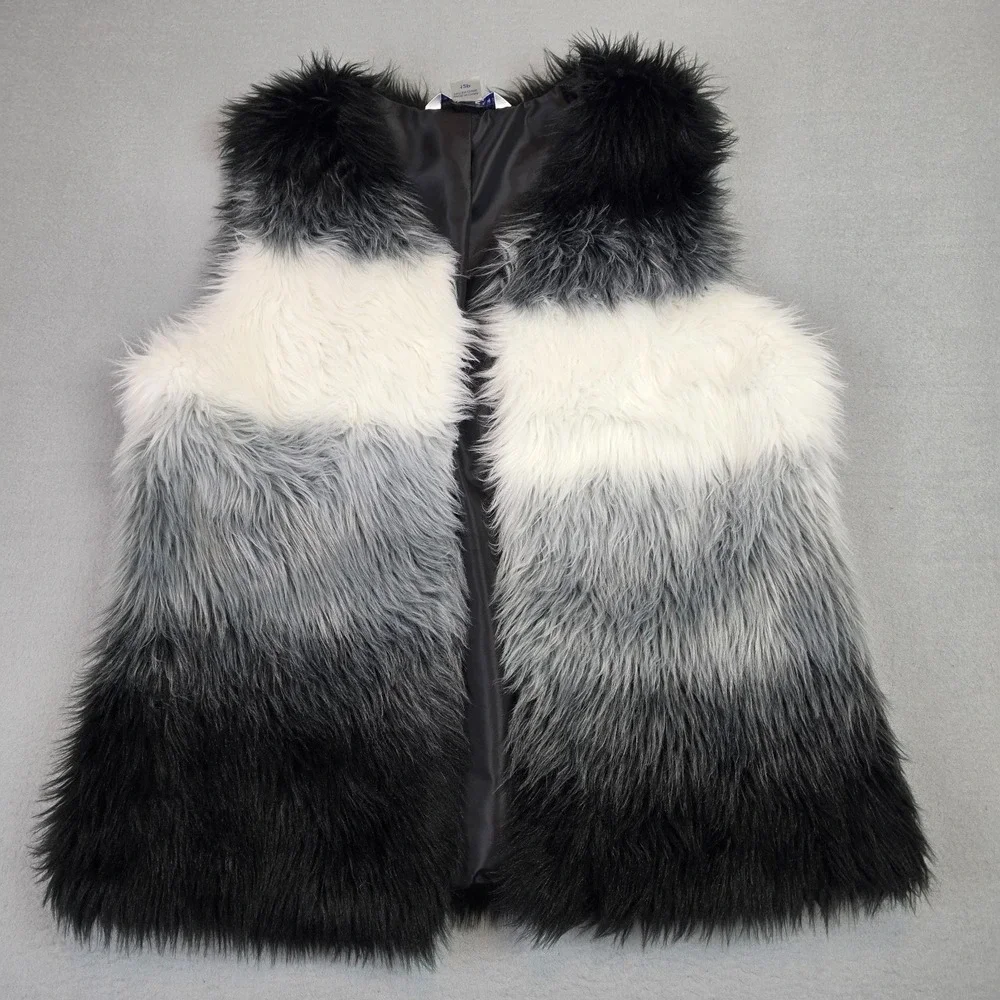 Colorblock Open Front Boho Faux Fur Vest Black Gray White Petite 12P